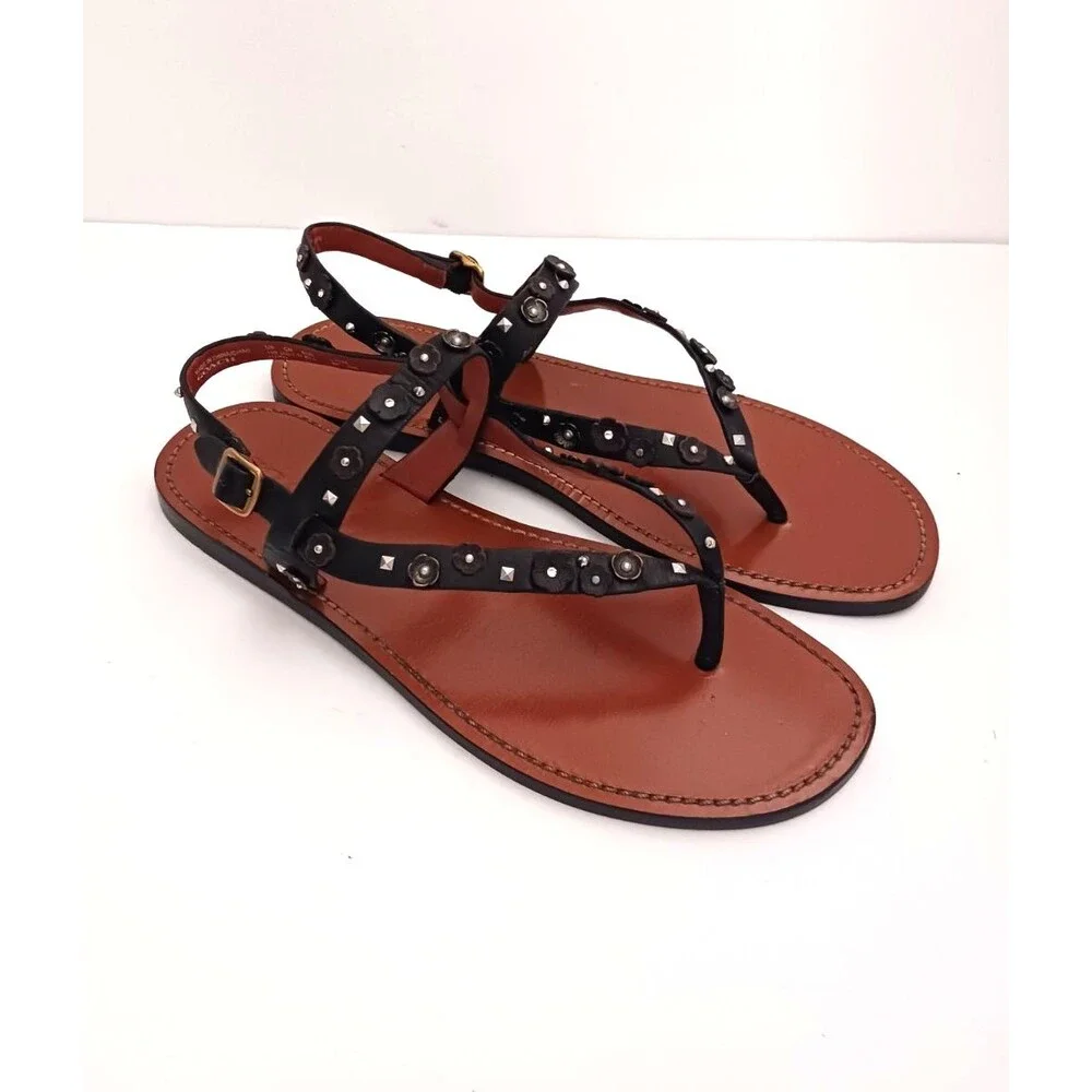 Coach Tea Rose Blk Leather Thong Sandals w Ankle Strap Floral Stud Trim US 10M
